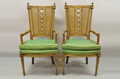 Vintage French Hollywood Regency Tall Cane Back Carved Link Chairs, a Pair
