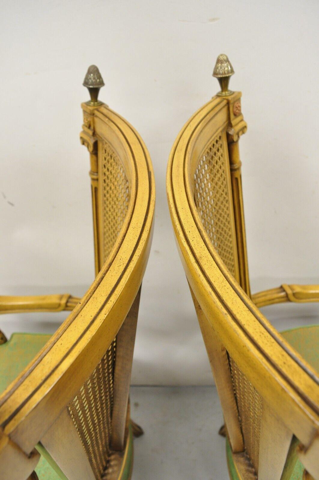 Brass Vintage French Hollywood Regency Tall Cane Back Carved Link Chairs, a Pair For Sale