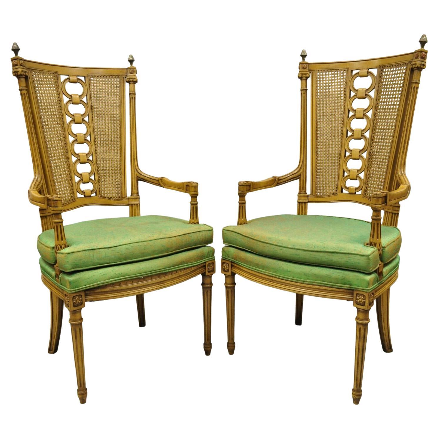 Vintage French Hollywood Regency Tall Cane Back Carved Link Chairs, a Pair For Sale
