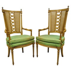 Vintage French Hollywood Regency Tall Cane Back Carved Link Chairs, a Pair