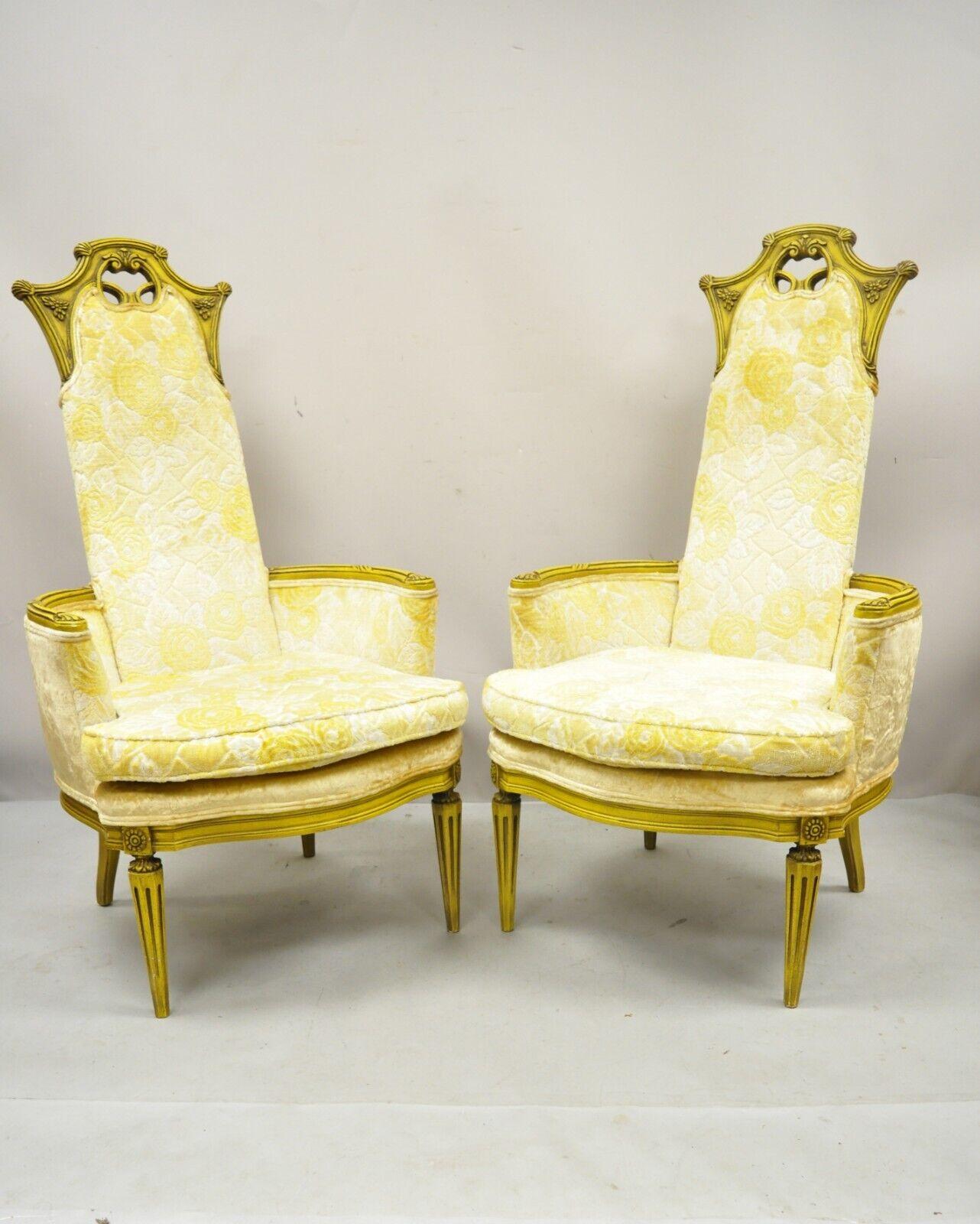 Vintage French Hollywood Regency Yellow Fireside Lounge Chairs - a Pair. Item features yellow painted original finish, yellow fabric, solid wood frame, tapered legs, very nice vintage pair, great style and form. Circa mid 20th century. Measurements: