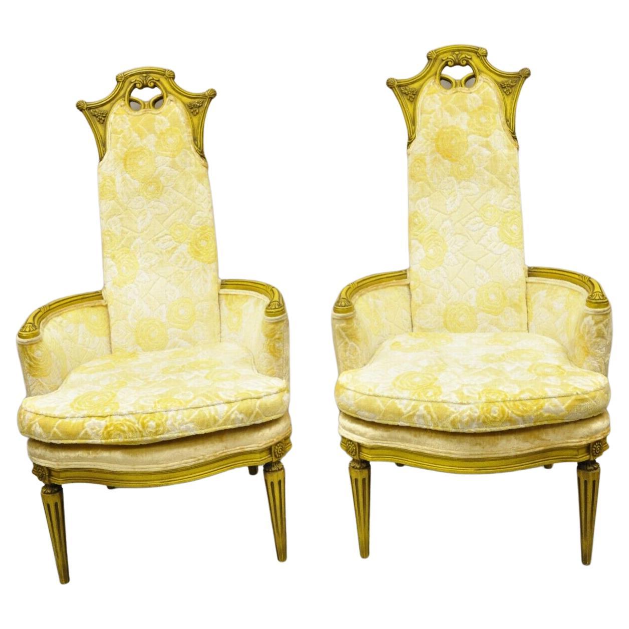 Gelbe französische Hollywood-Regency-Loungesessel für den Kamin im Vintage-Stil, Paar
