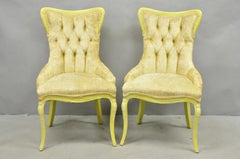 Vintage French Hollywood Regency Yellow Tufted Drape Carved Side Chairs - a Pair