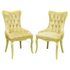 Vintage French Hollywood Regency Yellow Tufted Drape Carved Side Chairs - a Pair