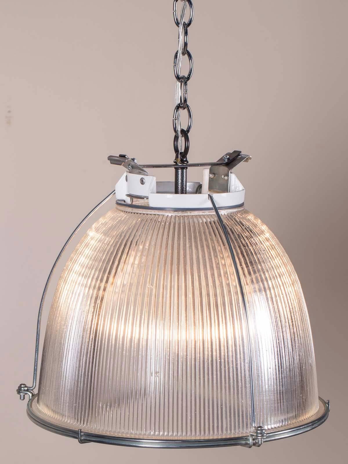 Industrial Vintage French Holophane Glass Pendant Chandelier from France, circa 1970