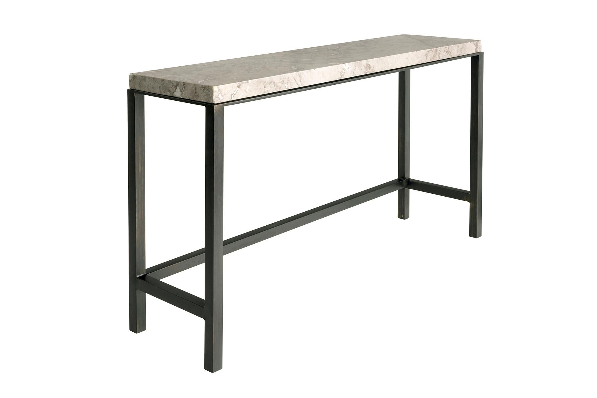 Organic Modern Vintage French Honed Stone Top Black Patina Steel Base Console  For Sale