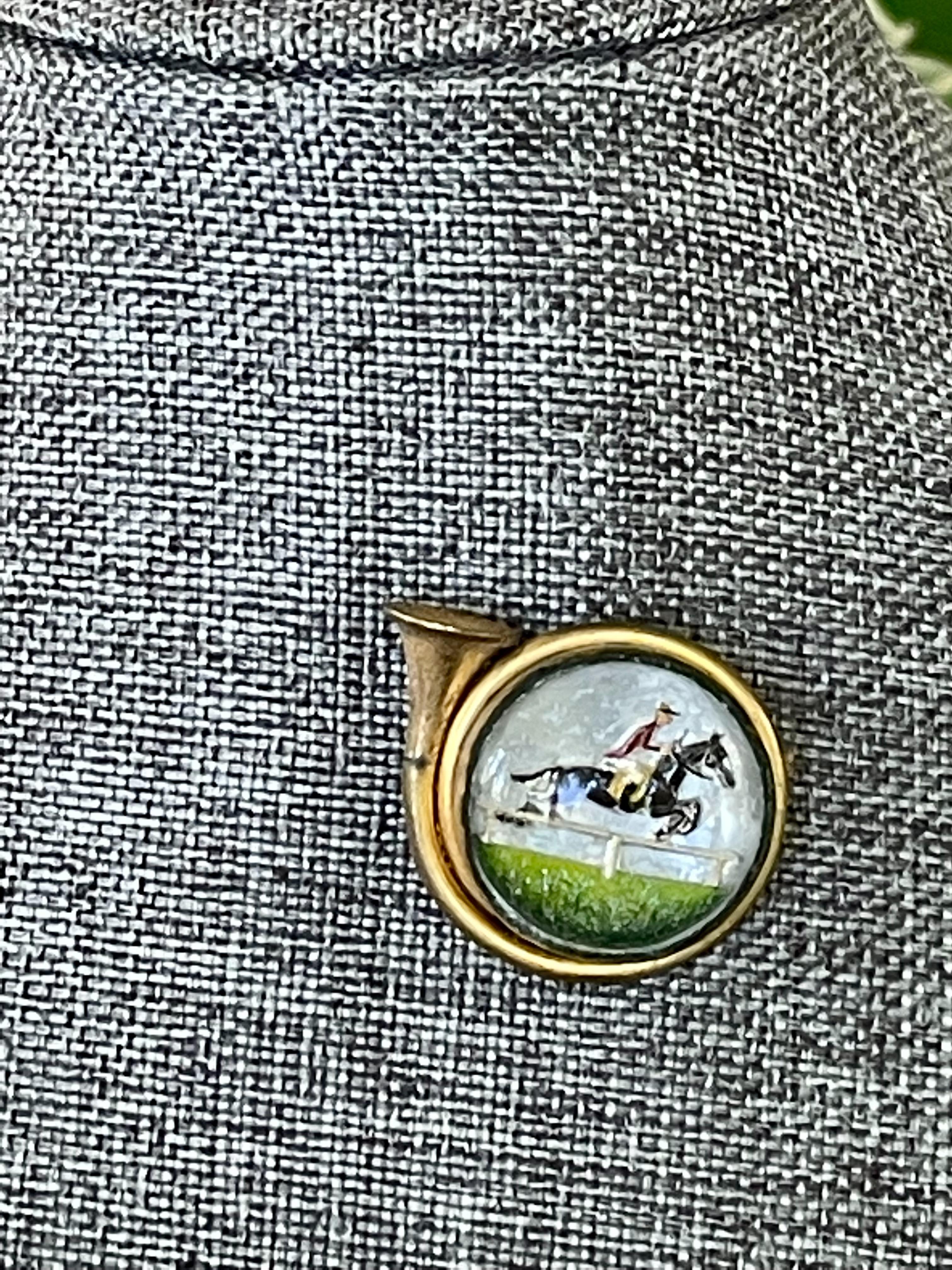 Cabochon Vintage French Horn Reverse Painted Essex Crystal Brooch Pin with Horse, Rider For Sale