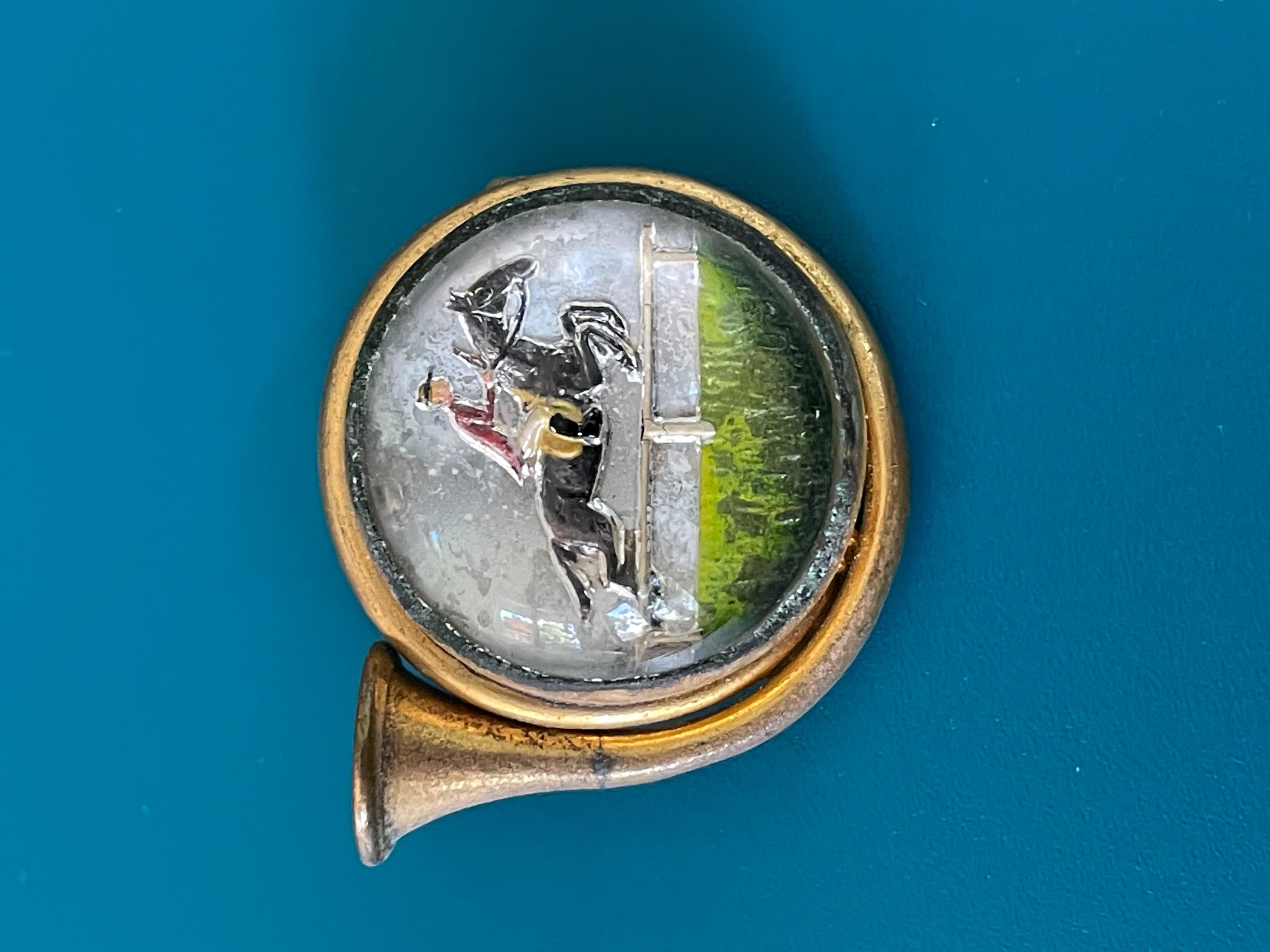 Vintage French Horn Reverse Painted Essex Crystal Brooch Pin with Horse, Rider For Sale 1