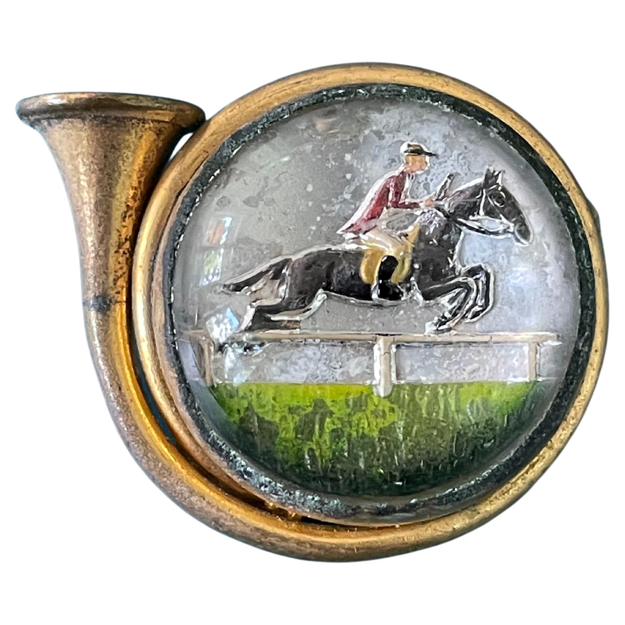 Vintage French Horn Reverse Painted Essex Crystal Brooch Pin with Horse, Rider For Sale