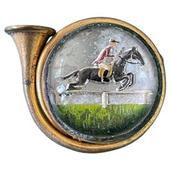 Vintage French Horn Reverse Painted Essex Crystal Brooch Pin with Horse, Rider