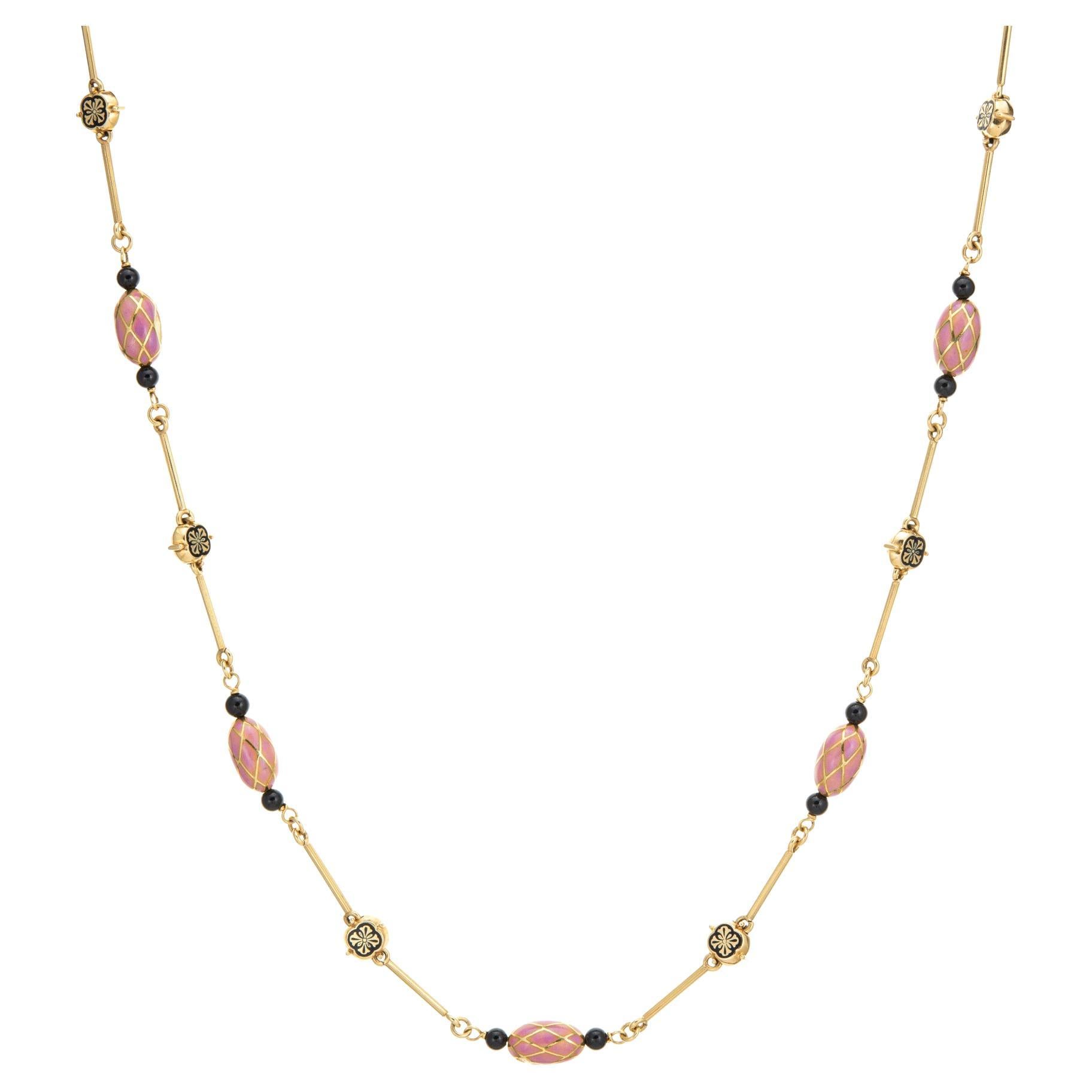Vintage French Import Enamel Necklace 18k Yellow Gold Long 27" Pink Black Onyx For Sale