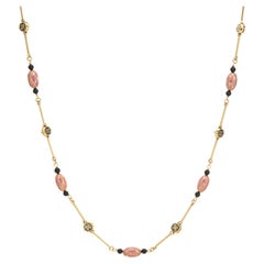 Retro French Import Enamel Necklace 18k Yellow Gold Long 27" Pink Black Onyx
