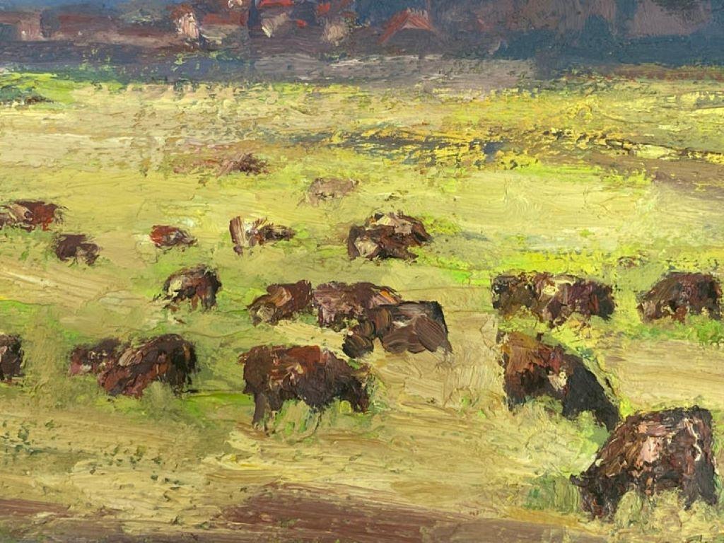 Mid-Century Modern Peinture à l'huile impressionniste française vintage - Vaches cueillant sur gazon dans des champs de Provence en vente