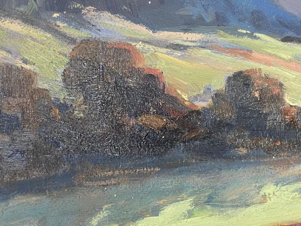 Mid-Century Modern Peinture à l'huile impressionniste française vintage - Cheval et fermiers dans un paysage terreux en vente