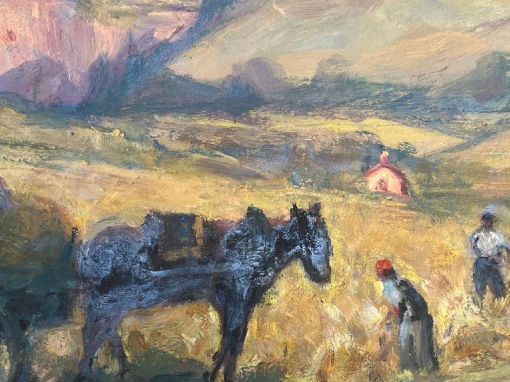 Mid-Century moderno Olio impressionista francese d'epoca Cavallo e carro con contadini che raccolgono il raccolto in vendita