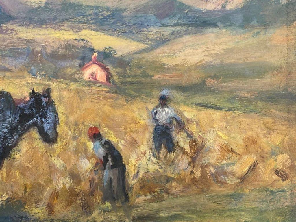 Français Cheval et chariot impressionniste français vintage avec des fermiers chevauchant la récolte en vente