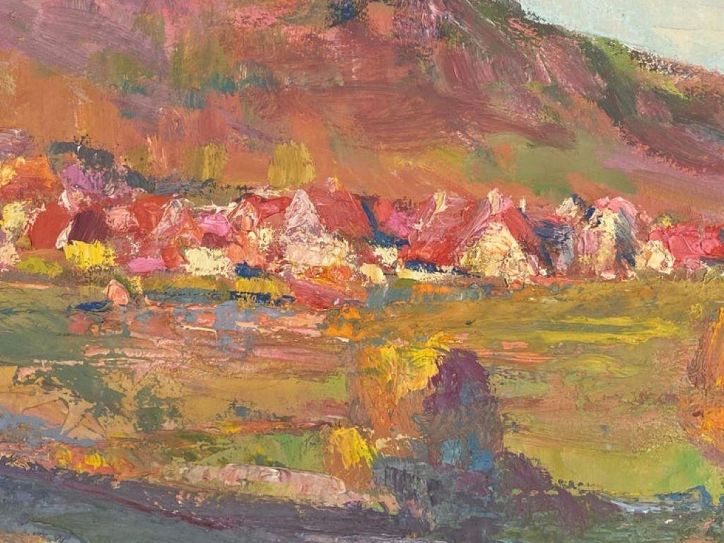 Mid-Century Modern Vieux coucher de soleil rose à l'huile impressionniste français - Village de Provence en vente