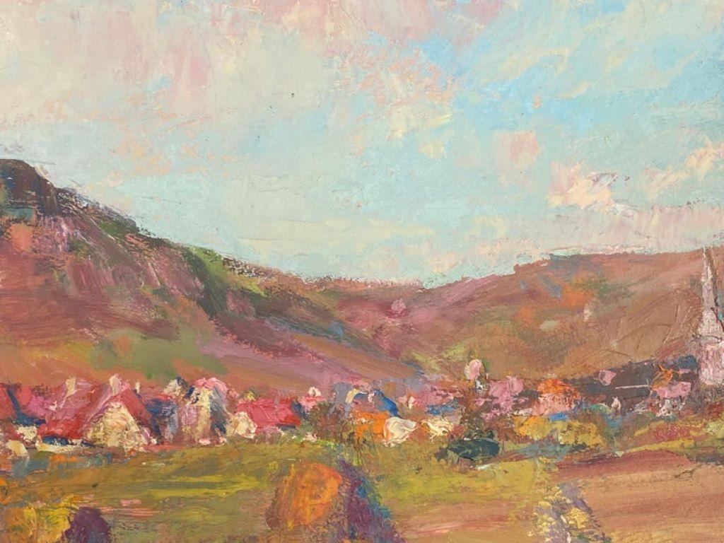 Peint Vieux coucher de soleil rose à l'huile impressionniste français - Village de Provence en vente