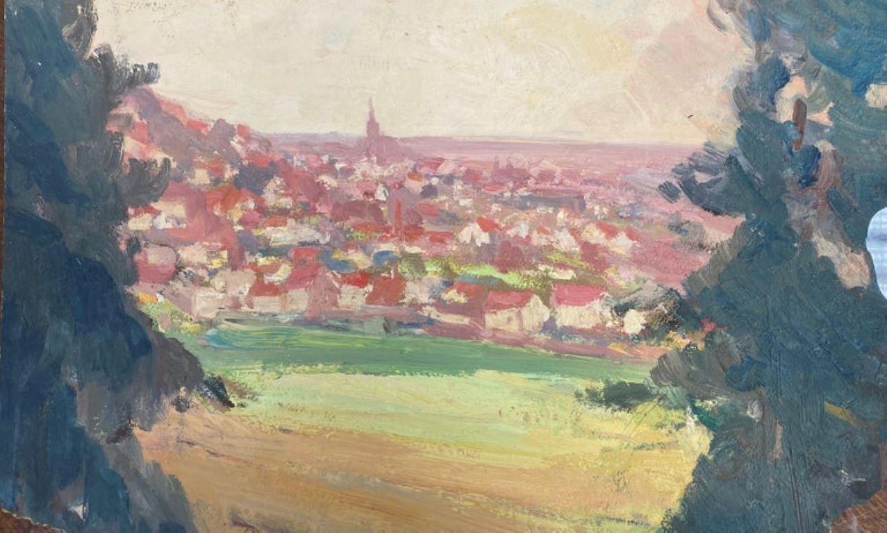 Mid-Century Modern Vieille vue à l'huile impressionniste française d'une ville de Provence rouge d'automne en vente