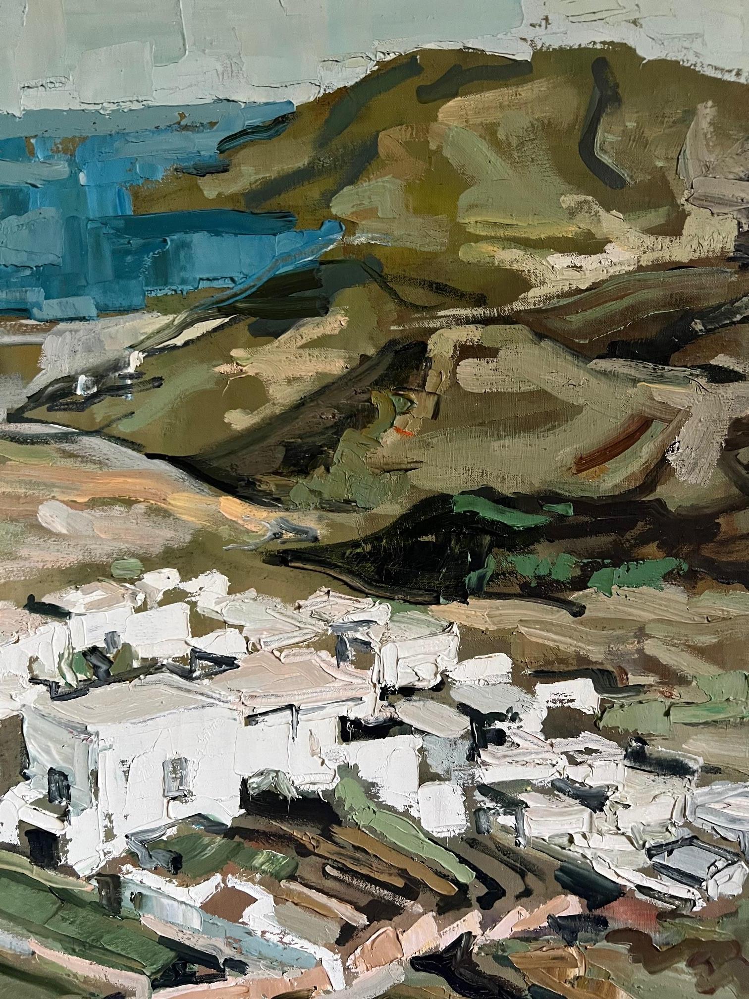 Oil on canvas by Renee Theobald (1926-2014), titled Greek Village, signed by the artist and framed. 

Renee Theobald was a French Postwar & Contemporary painter known for palette knife impressionist painting, landscape and coastal scenes.

Painting