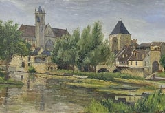 Sleepy French Town on the River, Lovely Green landscape oil painting