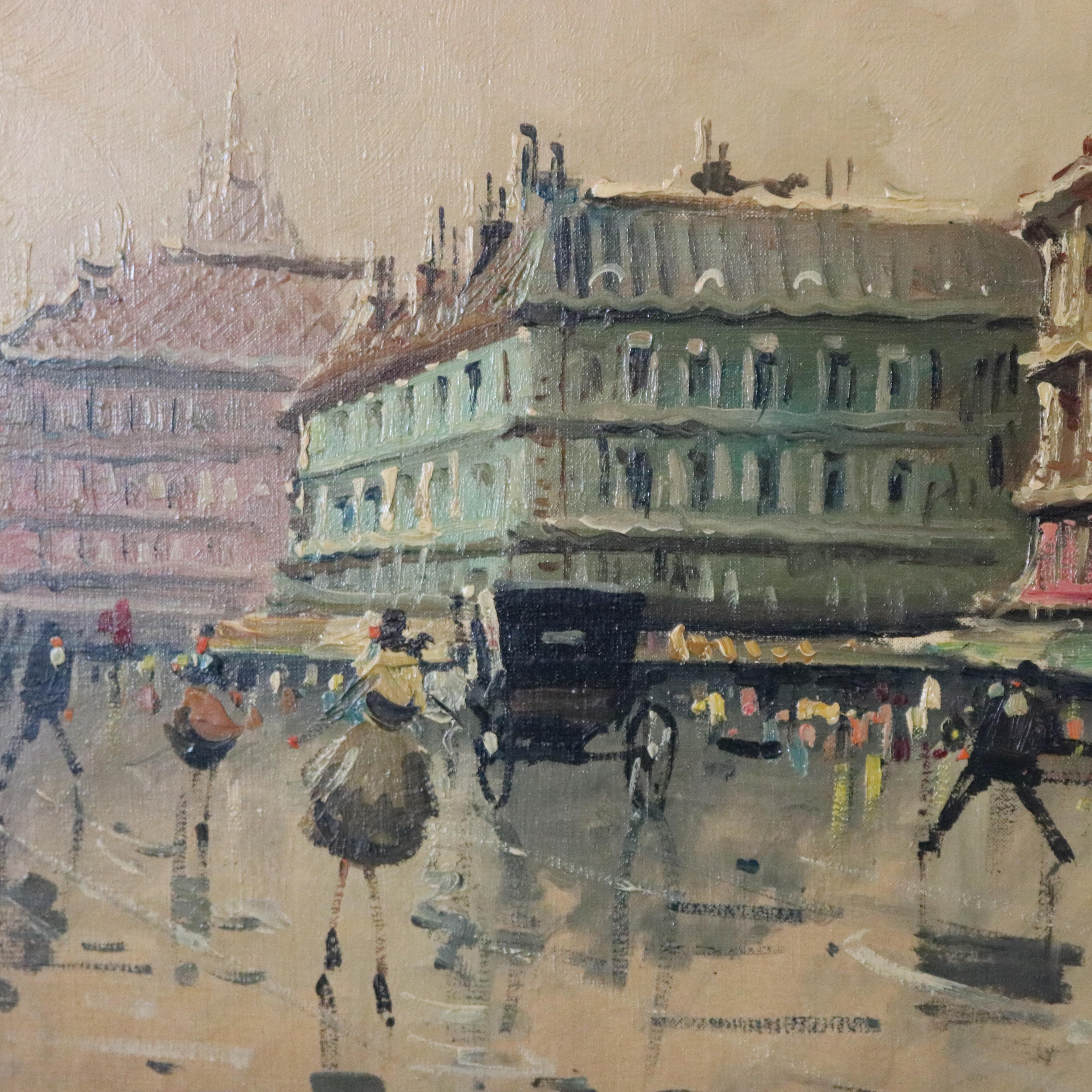 A vintage Impressionist oil on canvas Parisian street scene by Arnes in the manner of Antoine Blanchard depicts Paris city street with figures, structures and horse drawn buggy, artist signed lower right, unframed, 20th century.

***DELIVERY NOTICE