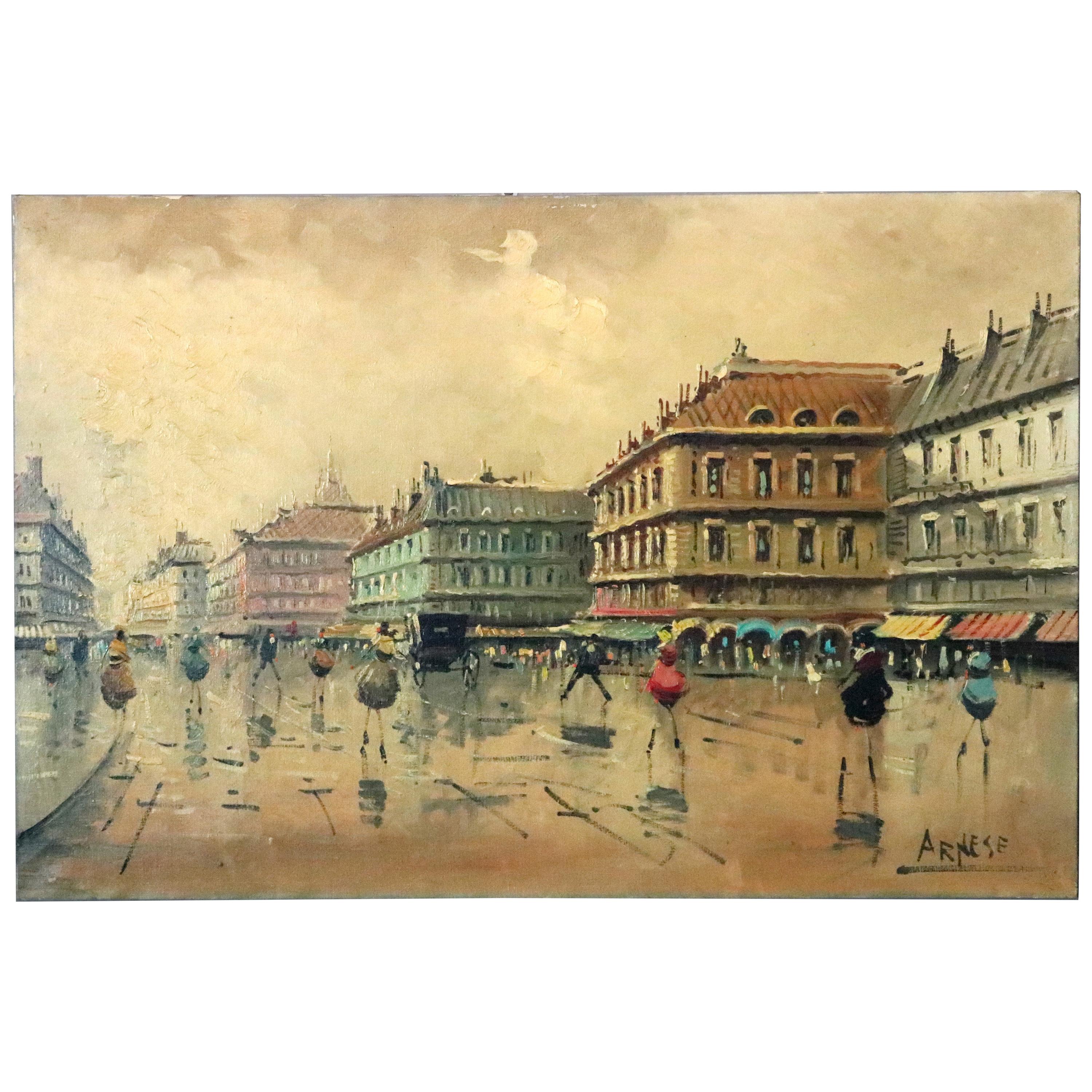 Vintage French Impressionist Paris Street Scene Oil on Canvas Signed Arnes