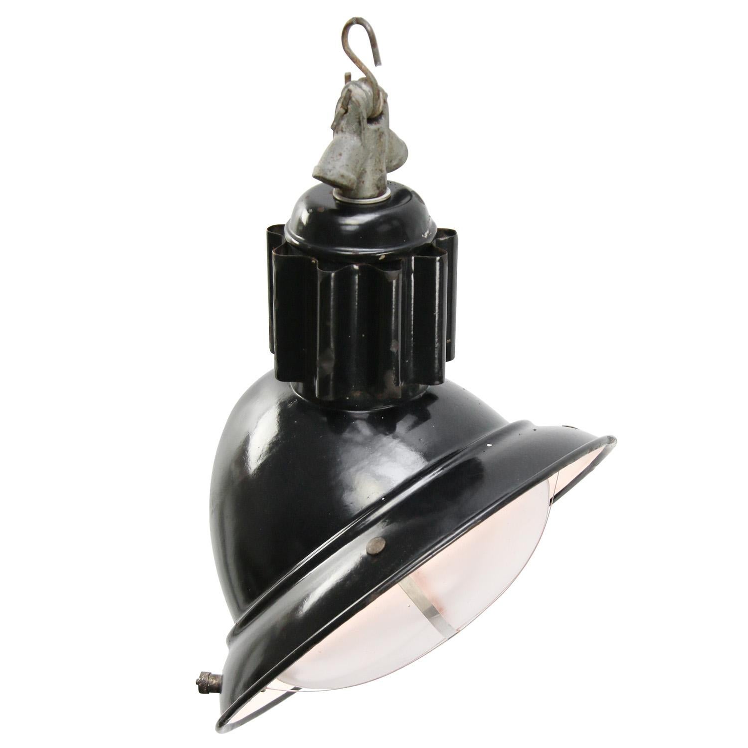 Vintage French Industrial Black Enamel Asymmetrical Clear Glass Pendant Lamp In Good Condition In Amsterdam, NL