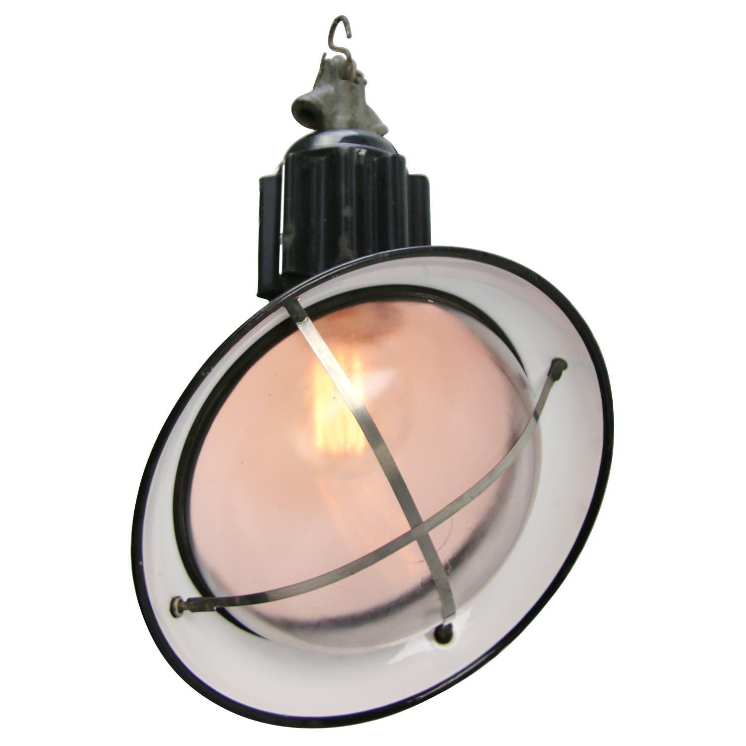 20th Century Vintage French Industrial Black Enamel Asymmetrical Clear Glass Pendant Lamp