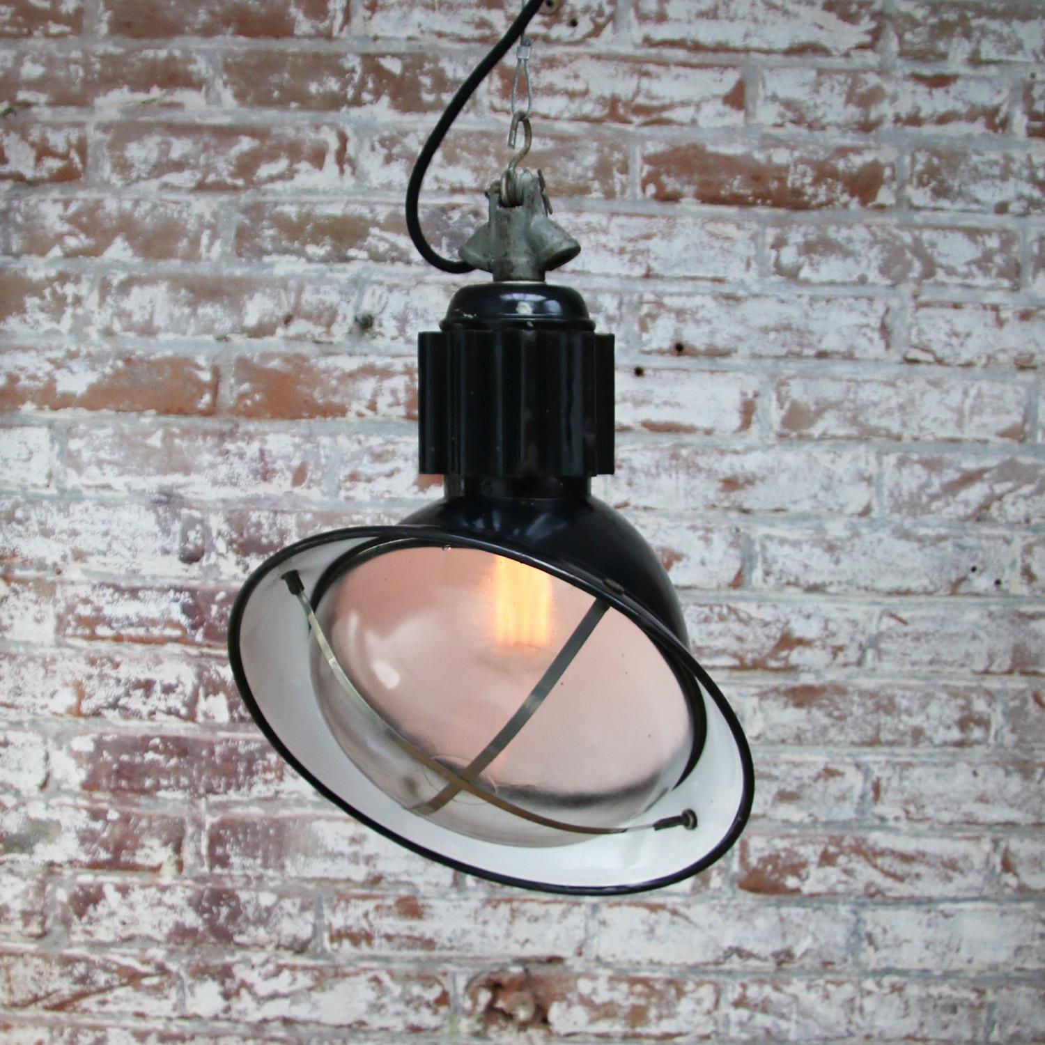 Vintage French Industrial Black Enamel Asymmetrical Clear Glass Pendant Lamp 1