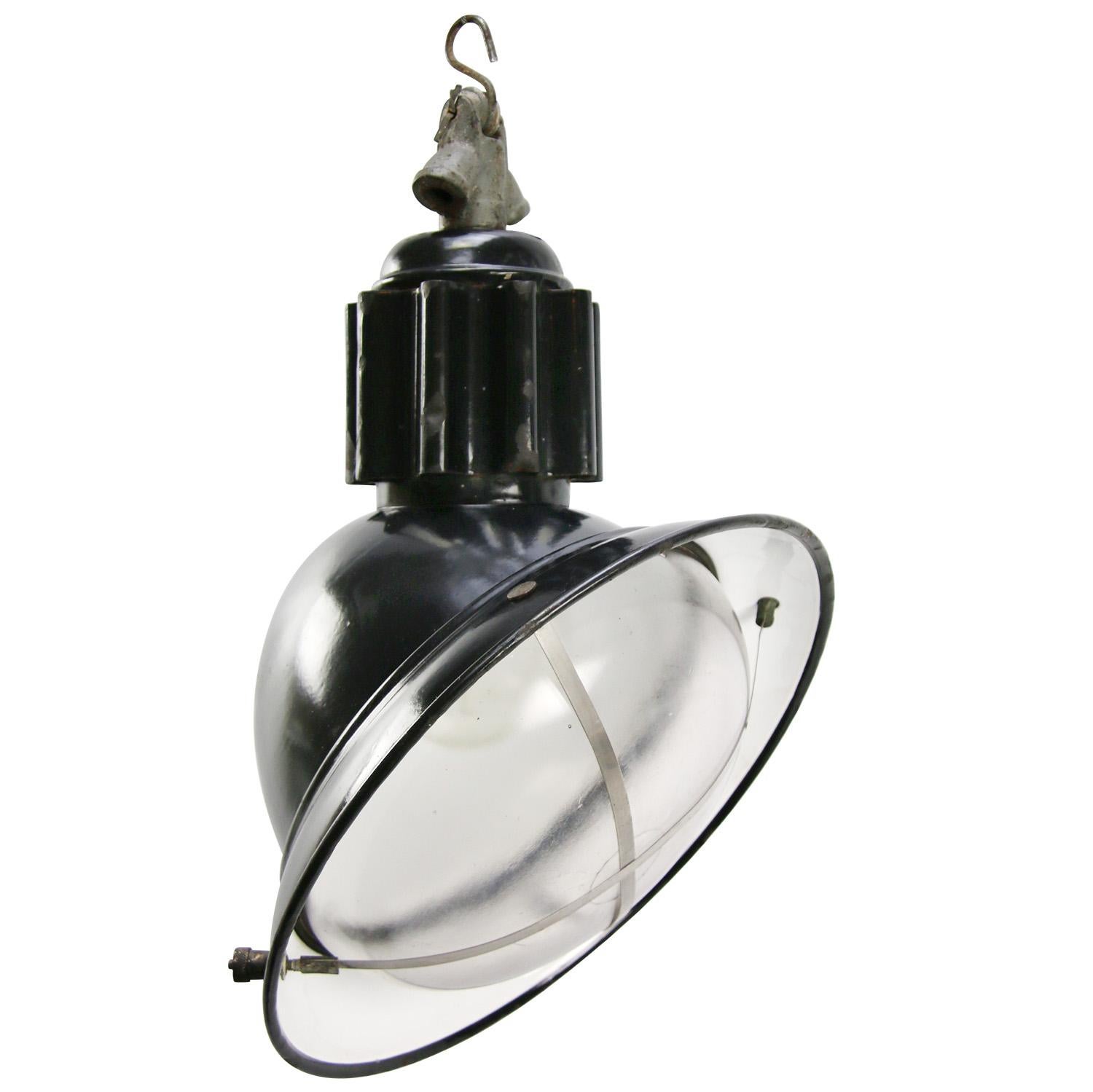 Vintage French Industrial Black Enamel Asymmetrical Clear Glass Pendant Lamp 2