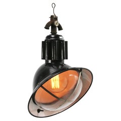 Vintage French Industrial Black Enamel Asymmetrical Clear Glass Pendant Lamp