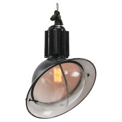 Vintage French Industrial Black Enamel Asymmetrical Clear Glass Pendant Lamps