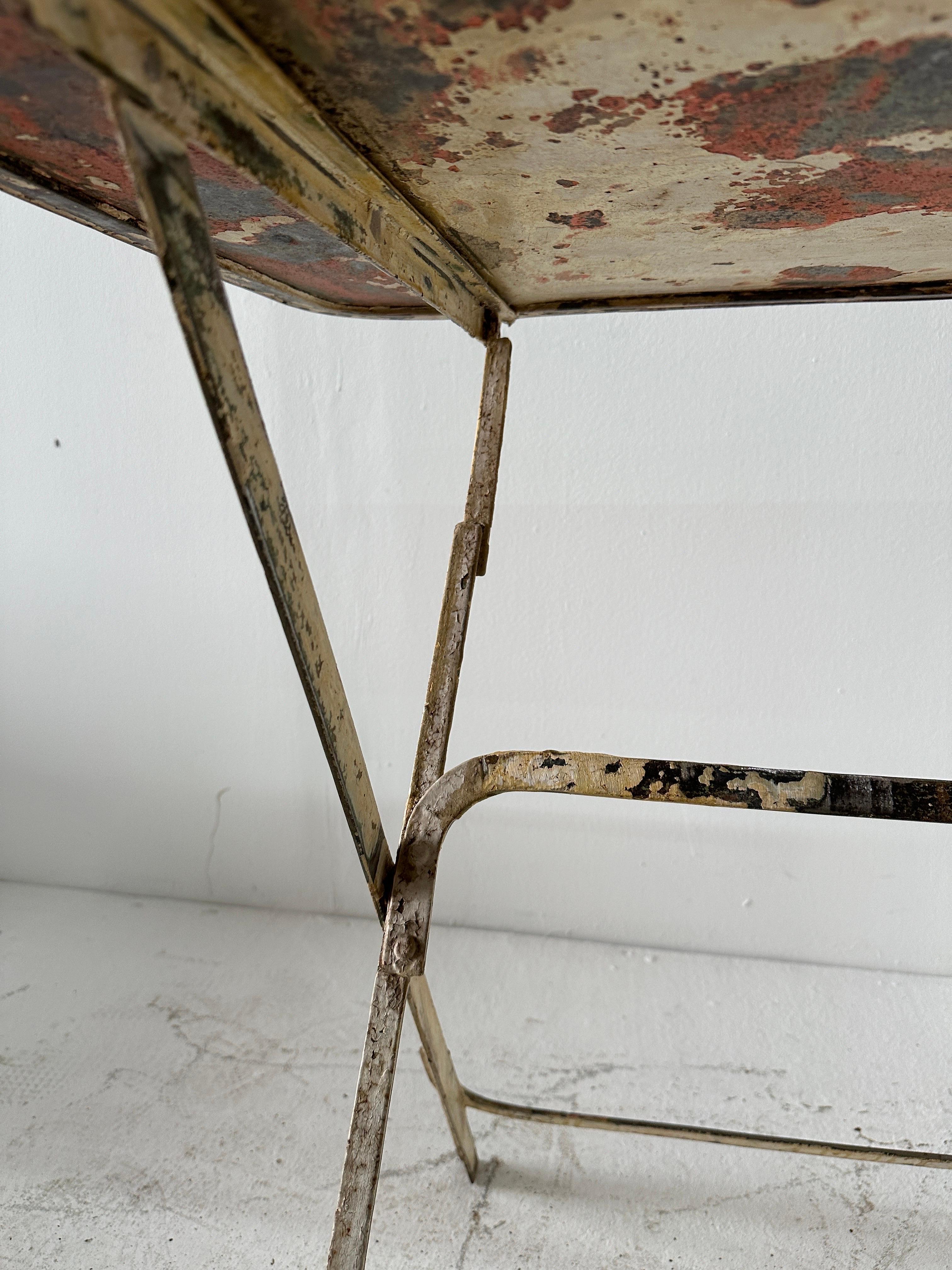 Vintage French Industrial & Distressed Metal Bistro Folding Table For Sale 1