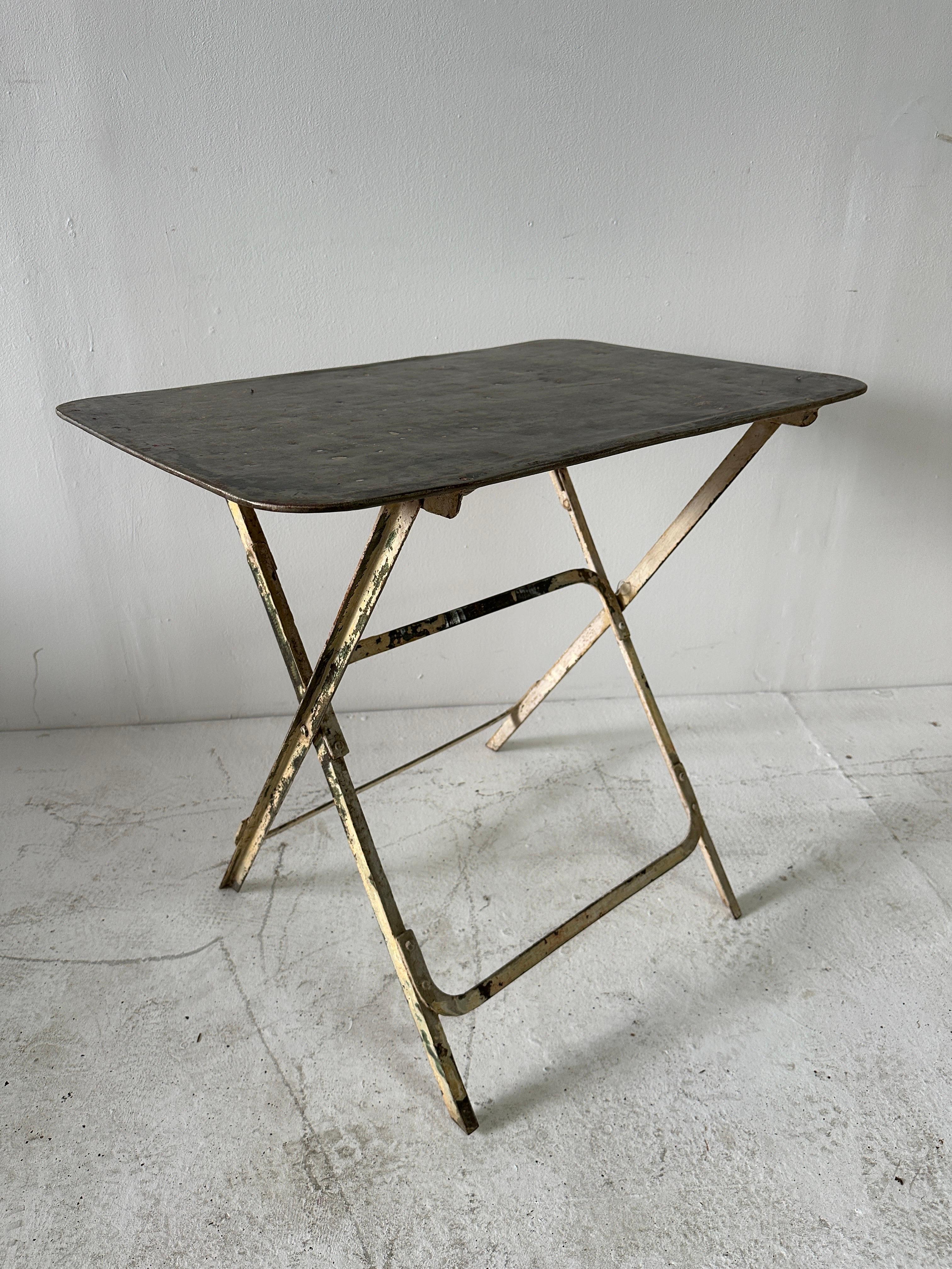 Vintage French Industrial & Distressed Metal Bistro Folding Table For Sale 2