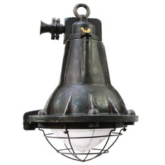 Vintage French Industrial Green Cast Iron and Clear Glass Pendant Lamp