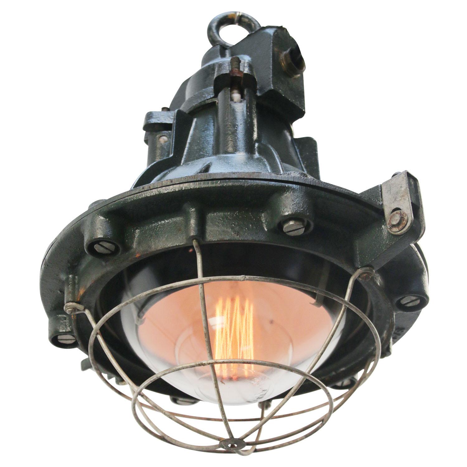 20th Century Vintage French Industrial Green Cast Iron and Clear Glass Pendant Lamp