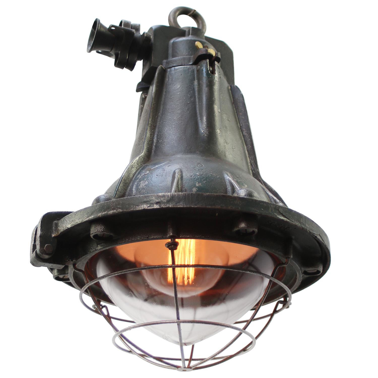 Vintage French Industrial Green Cast Iron and Clear Glass Pendant Lamp In Good Condition For Sale In Amsterdam, NL