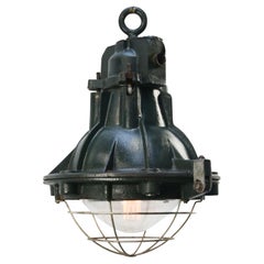 Vintage French Industrial Green Cast Iron and Clear Glass Pendant Lamp