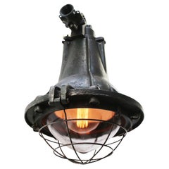 Vintage French Industrial Green Cast Iron and Clear Glass Pendant Lamp