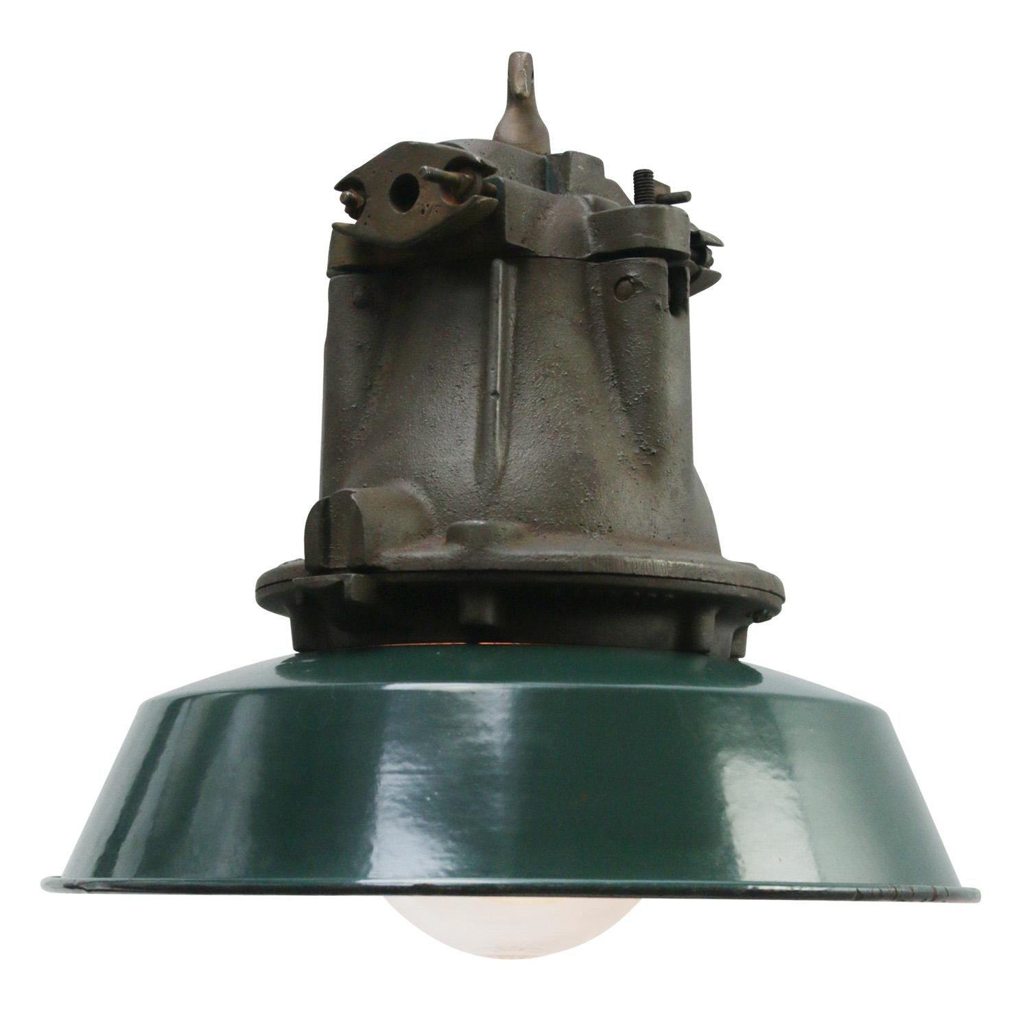 20th Century Vintage French Industrial Green Enamel Cast Iron and Clear Glass Pendant Lamp  For Sale
