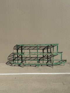 Vintage French Industrial Green Metal Tiered Plant Stand with Curved Shelves