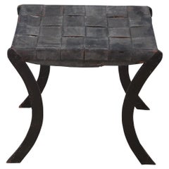 Vintage French Industrial Iron & Woven Leather Saber Leg Stool Bench Seat