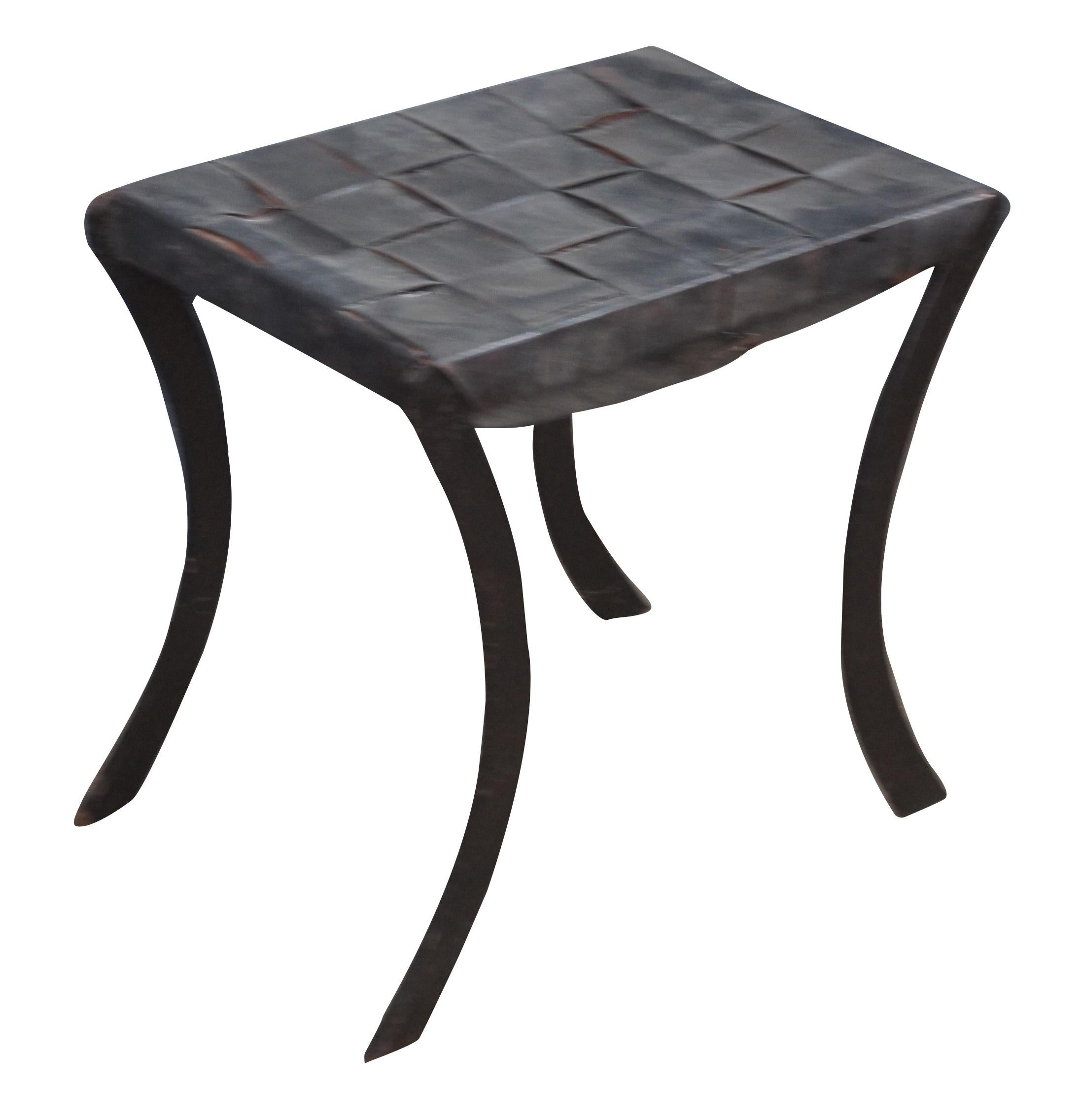 Vintage French Industrial Iron & Woven Leather Saber Leg Stool Bench Seat In Fair Condition For Sale In Dayton, OH