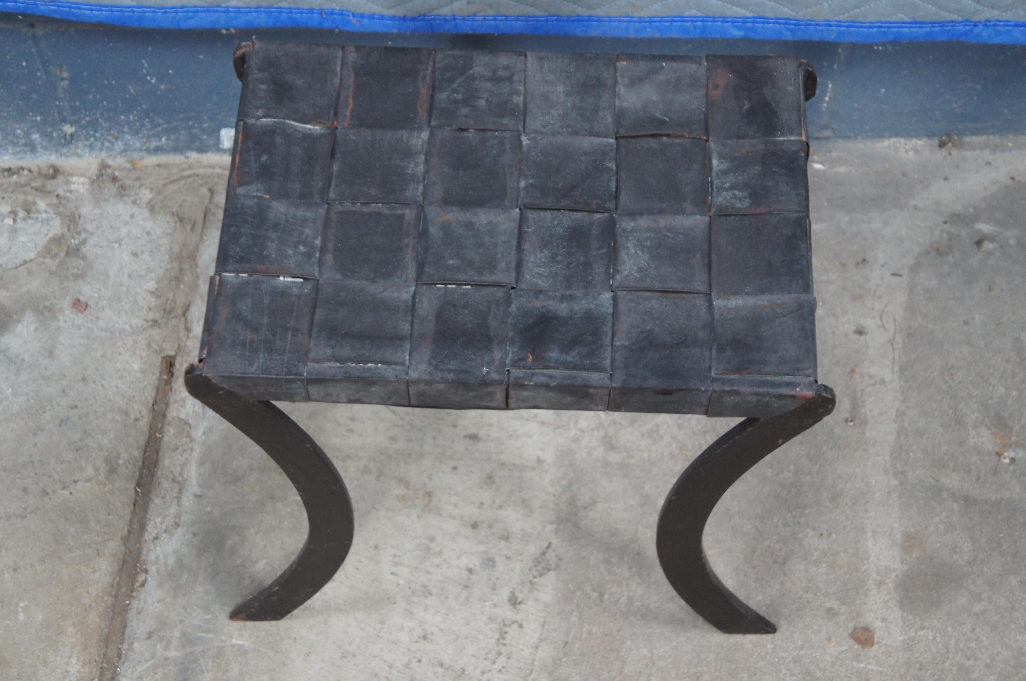 20th Century Vintage French Industrial Iron & Woven Leather Saber Leg Stool Bench Seat For Sale