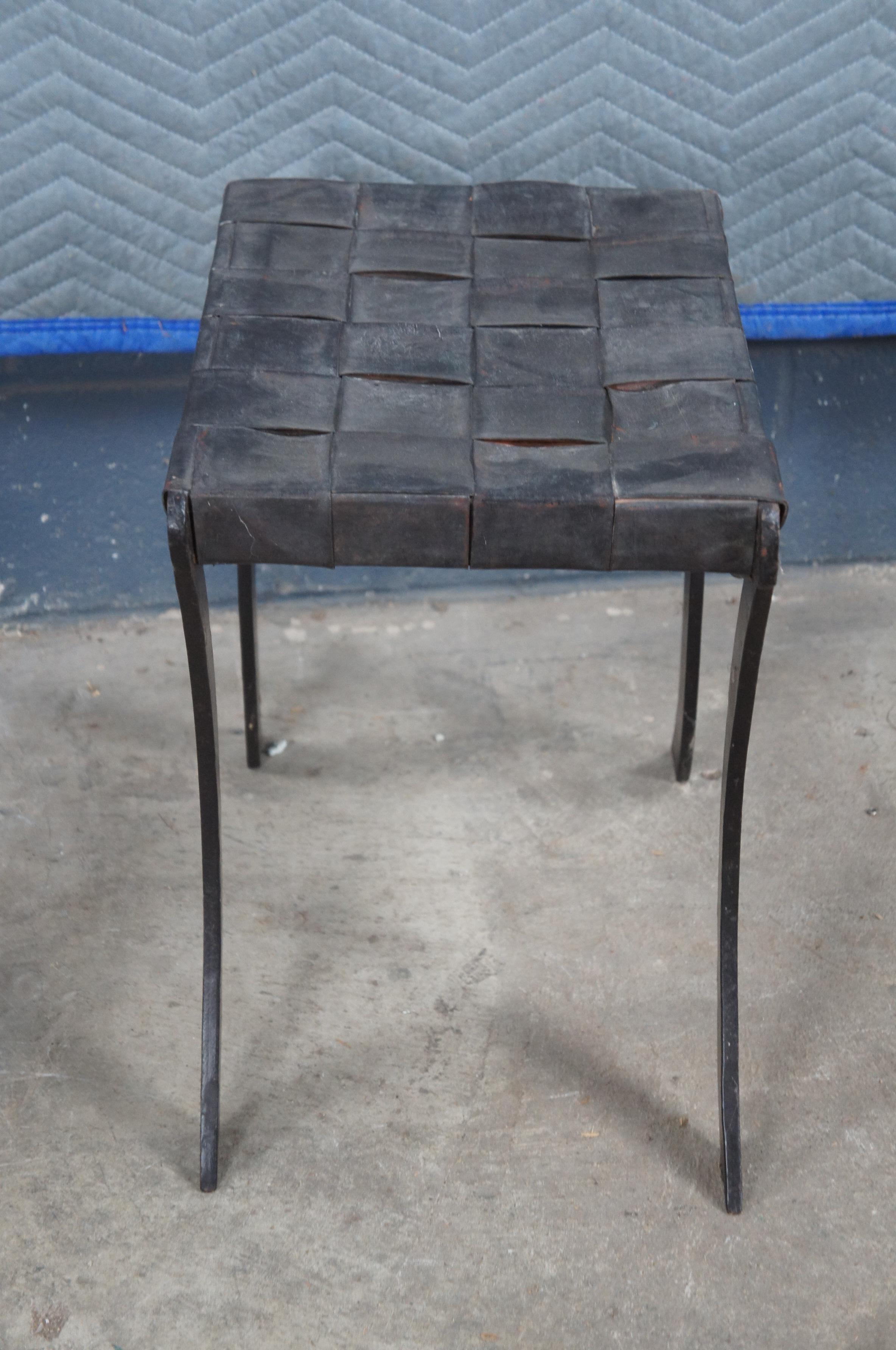 Vintage French Industrial Iron & Woven Leather Saber Leg Stool Bench Seat For Sale 1