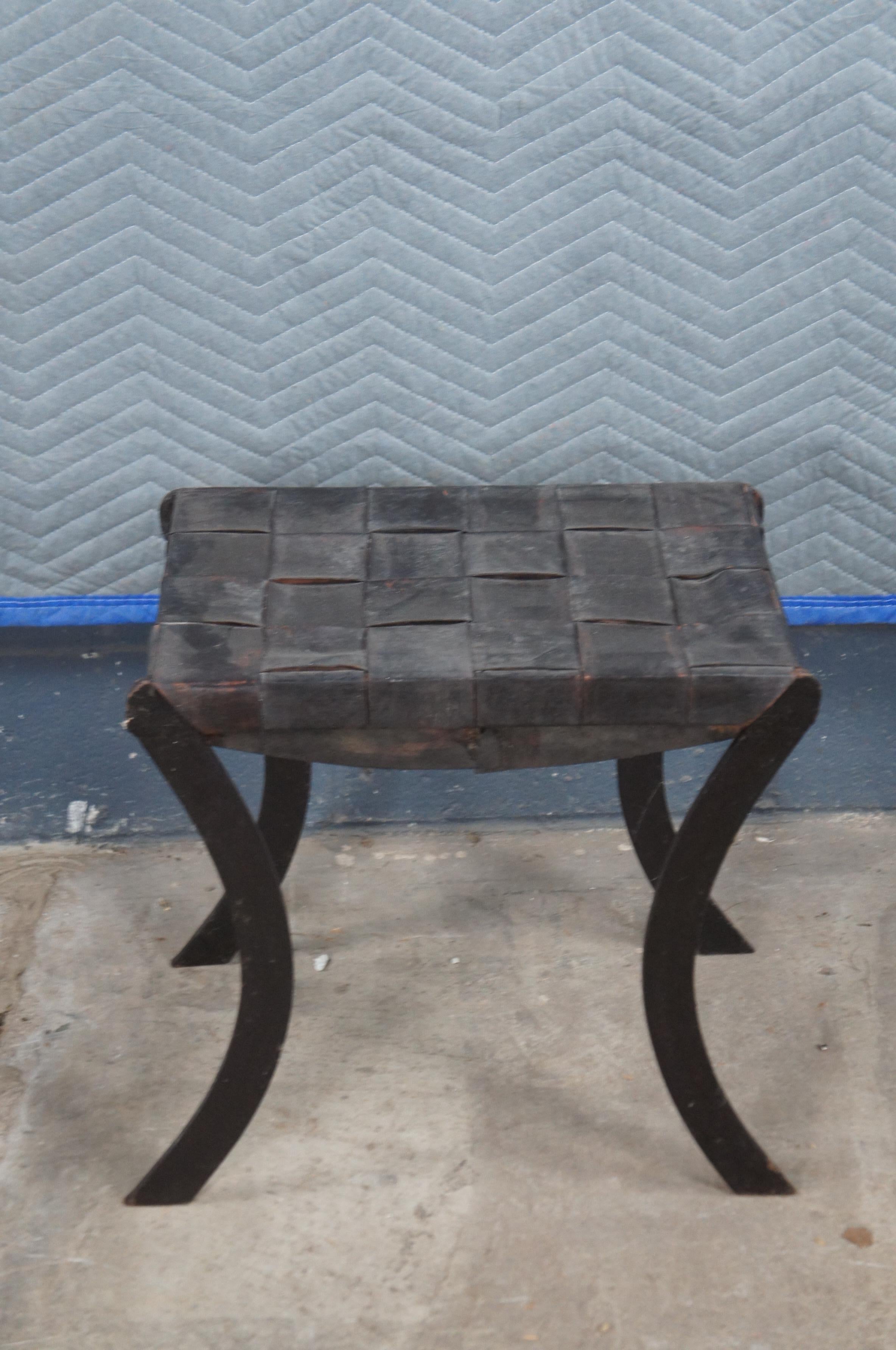 Vintage French Industrial Iron & Woven Leather Saber Leg Stool Bench Seat For Sale 2