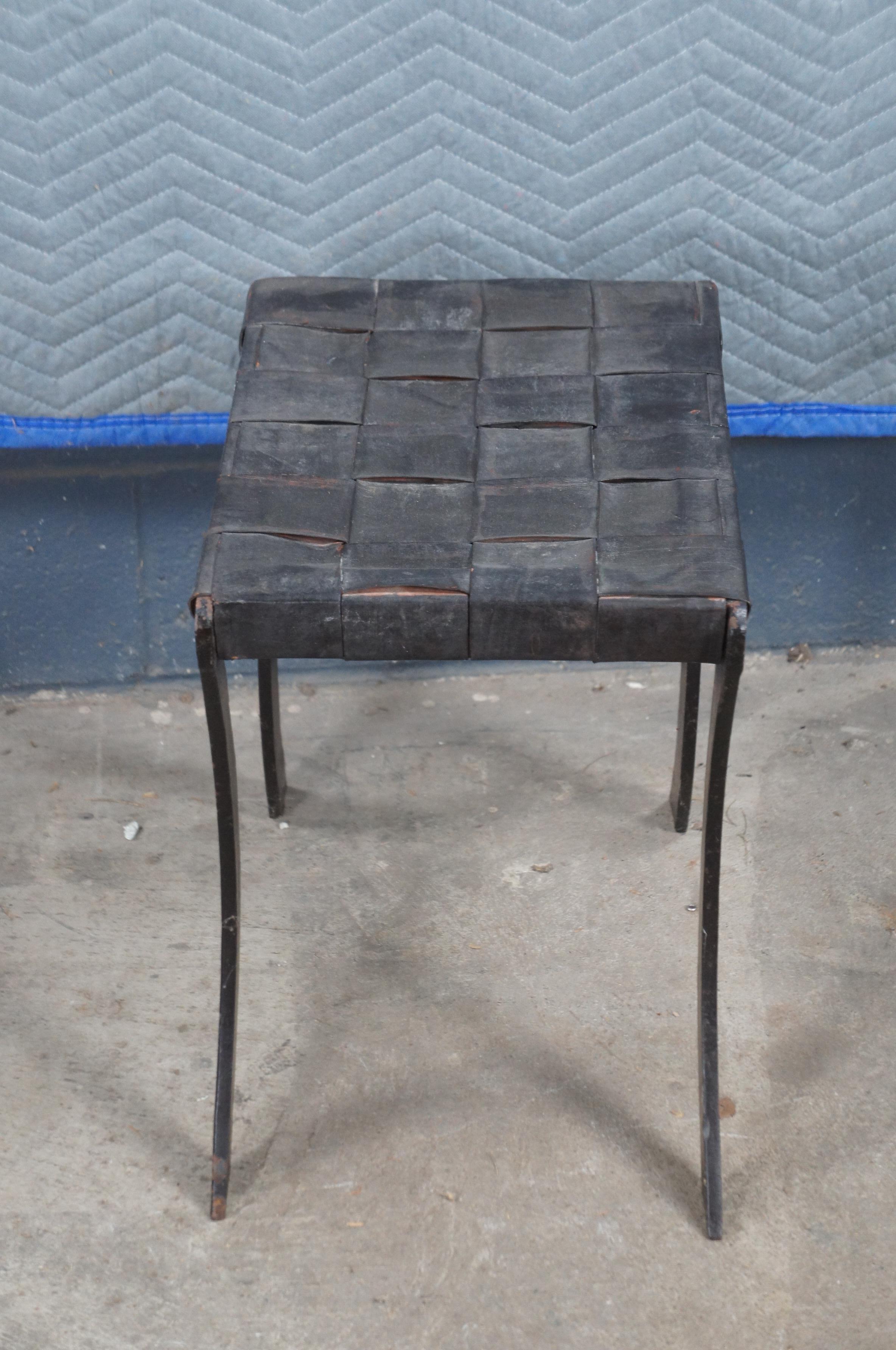 Vintage French Industrial Iron & Woven Leather Saber Leg Stool Bench Seat For Sale 3