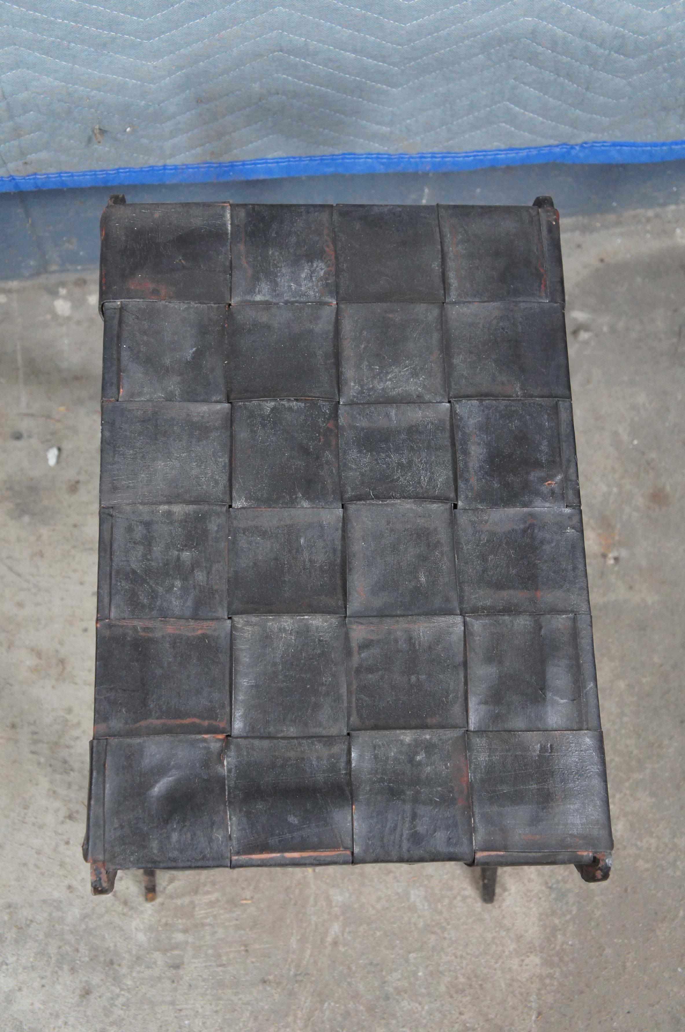 Vintage French Industrial Iron & Woven Leather Saber Leg Stool Bench Seat For Sale 4