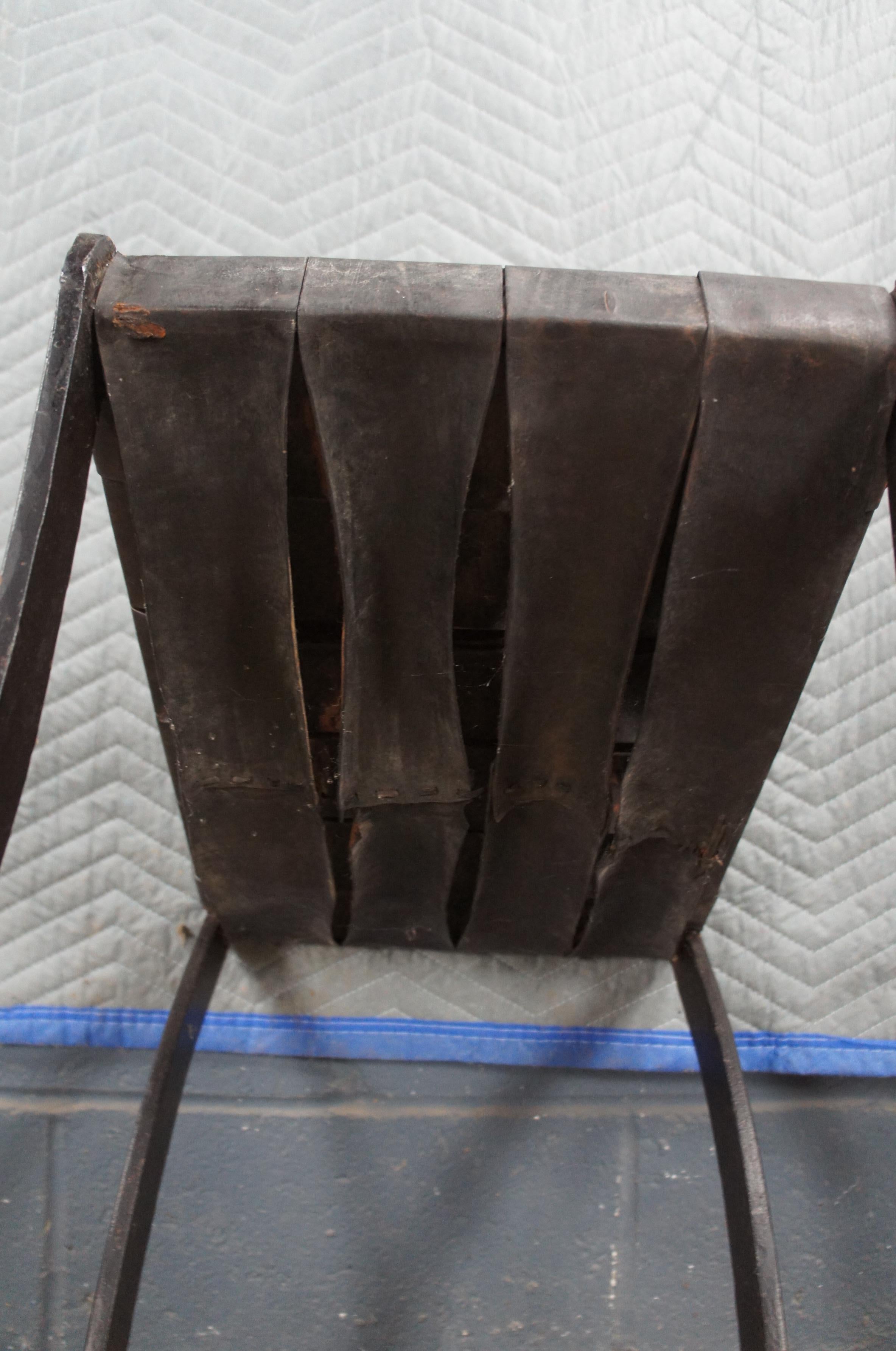 Vintage French Industrial Iron & Woven Leather Saber Leg Stool Bench Seat For Sale 5